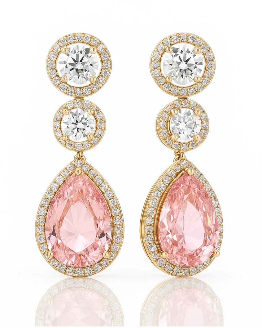 Gold Plated Drop Earrings with Pink Crystal & CZ – Dangle Design