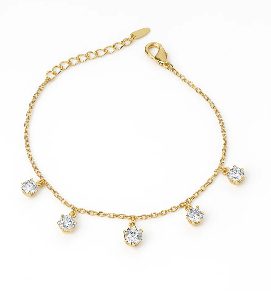 Gold Plated Bracelet with CZ Charms, Adjustable 16+5 cm