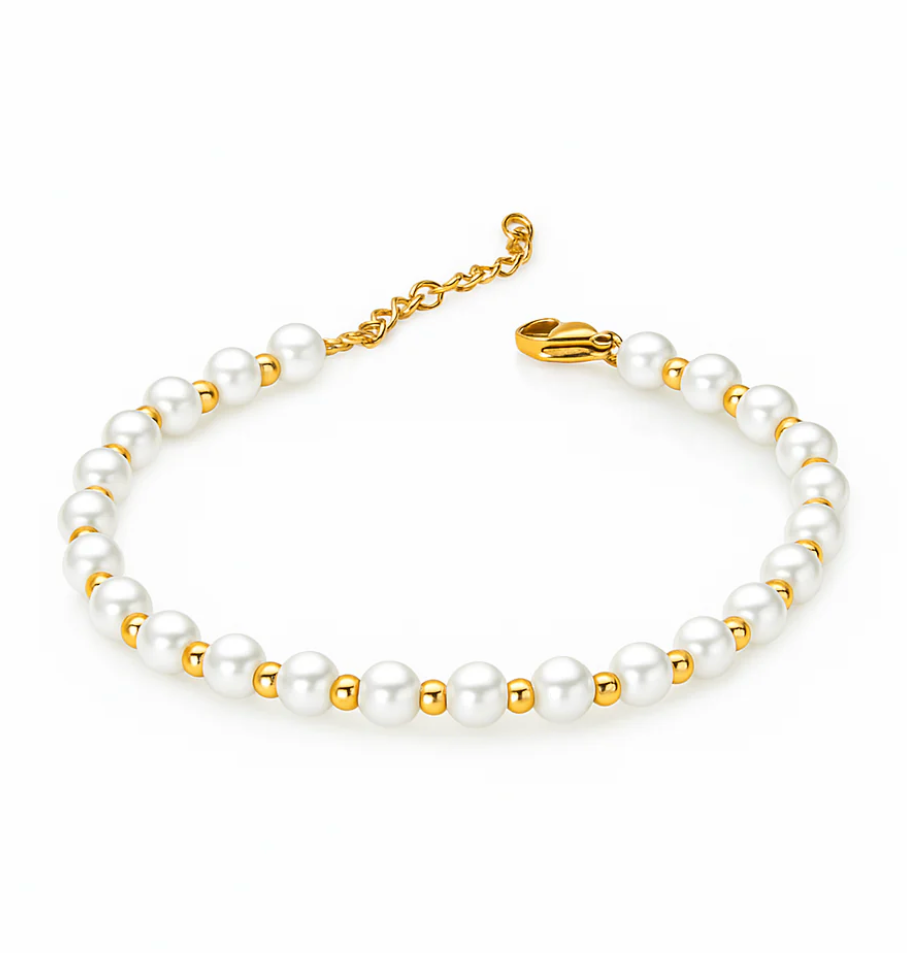 Gold Plated Bracelet with Faux Pearls & Golden Accents – 16+5 cm