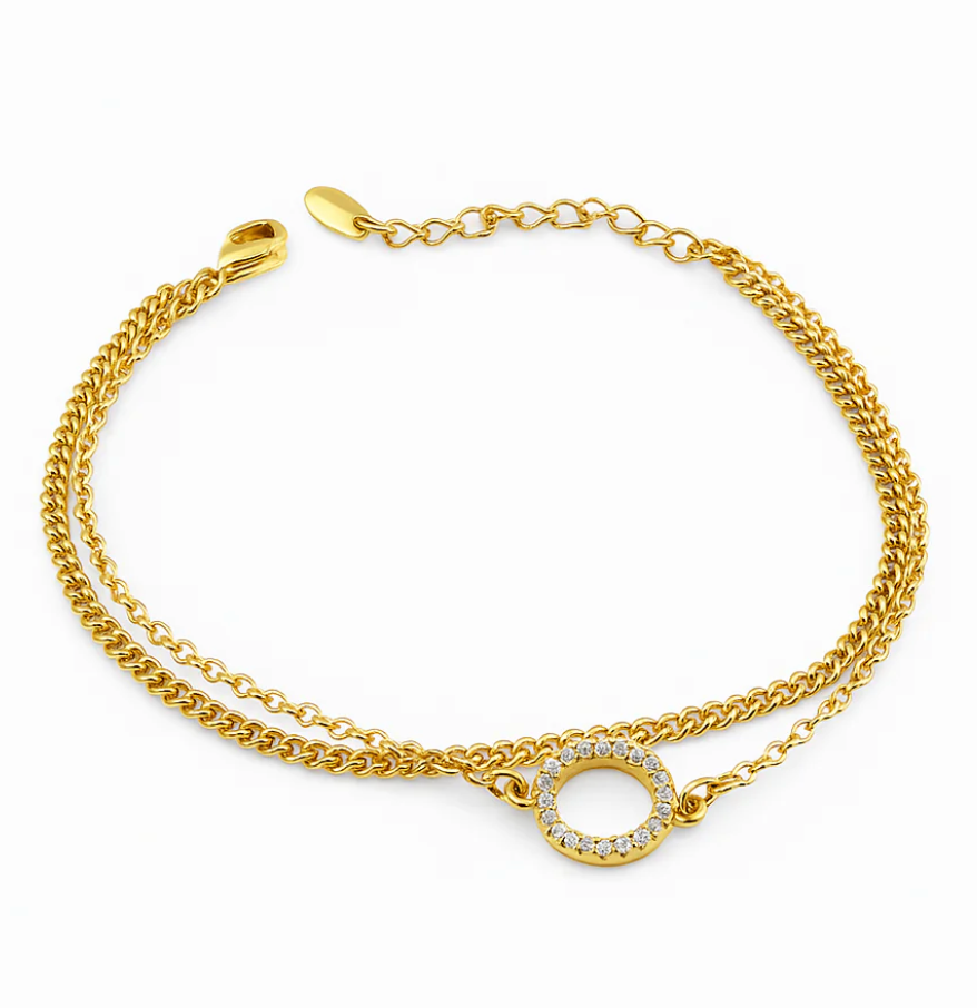 CZ Circle Charm Bracelet – Gold Plated or Rhodium, 16+5 cm