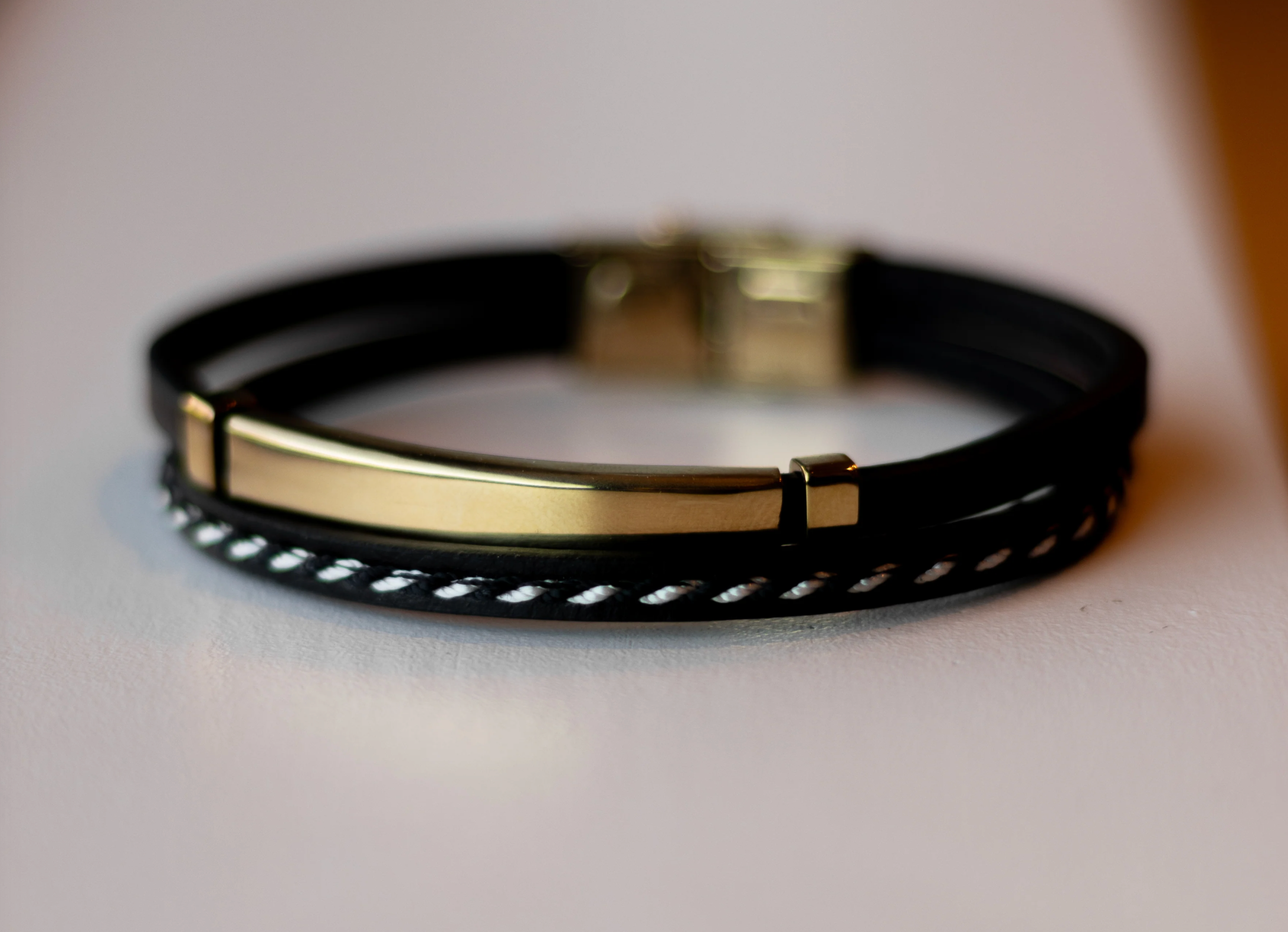 Men’s Black Leather Bracelet with Gold-Tone Stainless Steel Accents, 21 cm