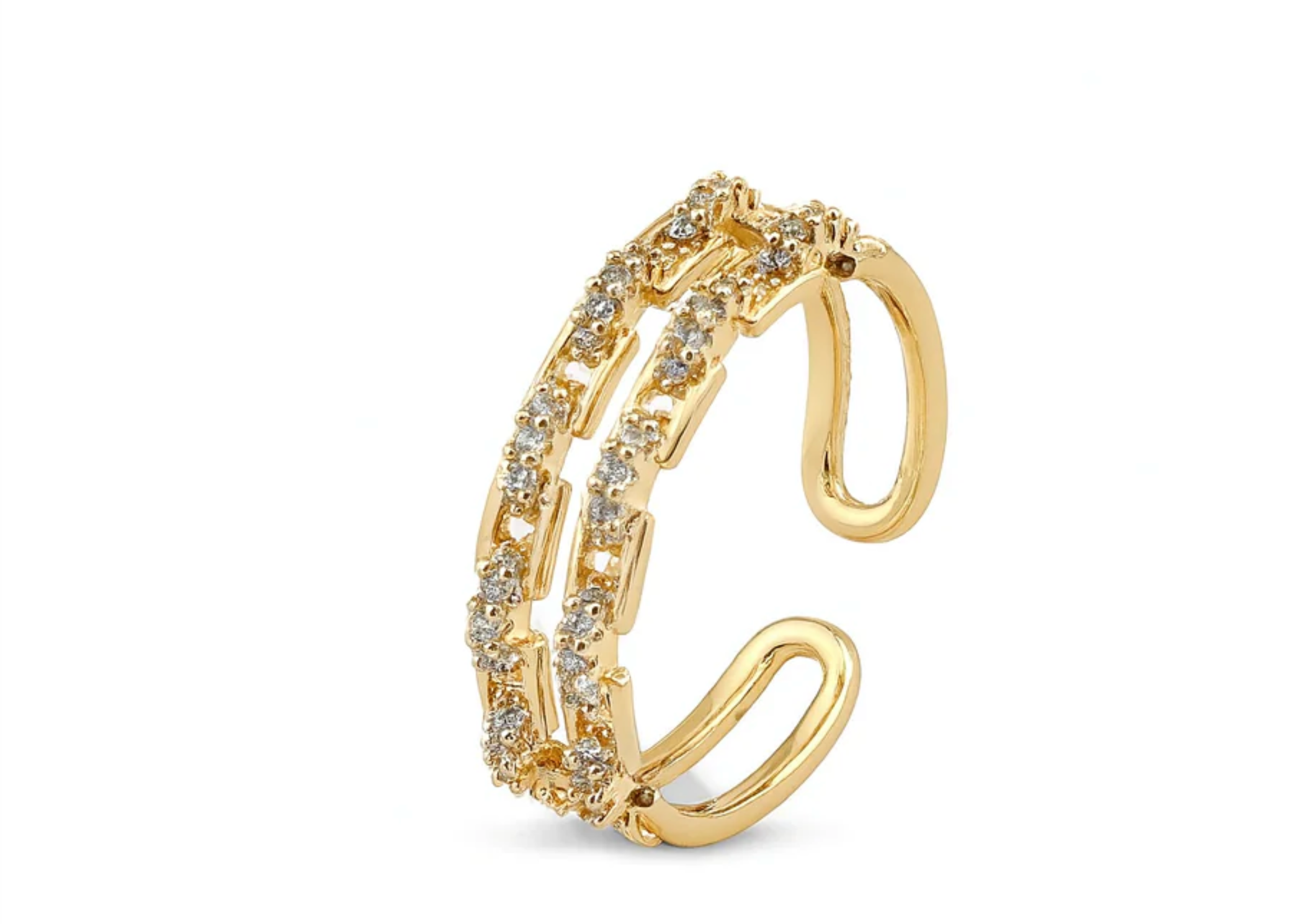 Gold Plated Double Row Ring with Cubic Zirconia – Adjustable 6-7