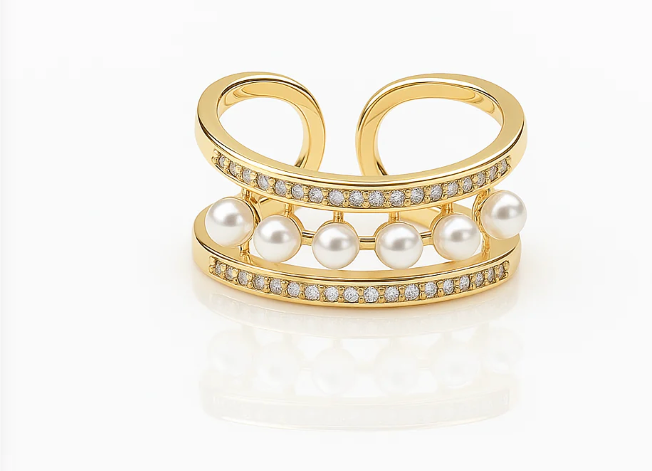 Gold Plated Pearl Double Band Ring – Size 5–6
