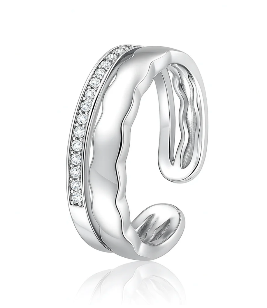 Adjustable Rhodium Plated Wave Ring with Cubic Zirconia, 6mm