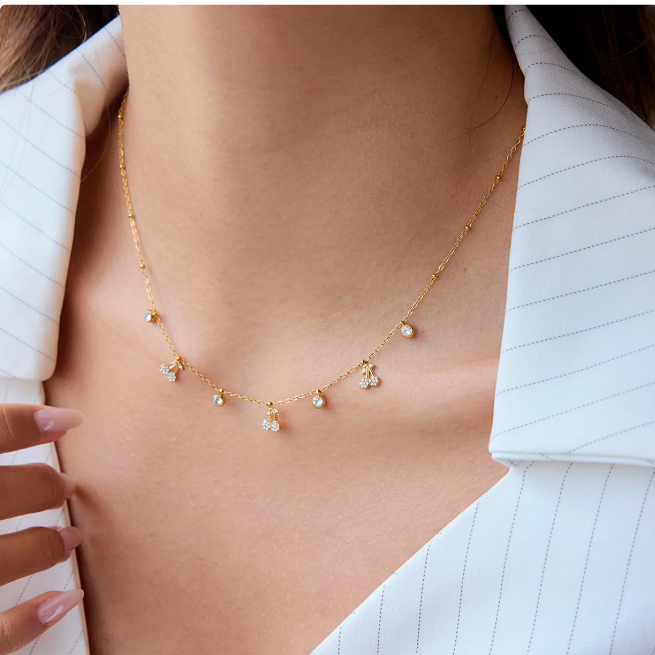 Cherry PVD Stainless Steel Rhinestone Necklace – Real Gold Plated Classic Thin Chain