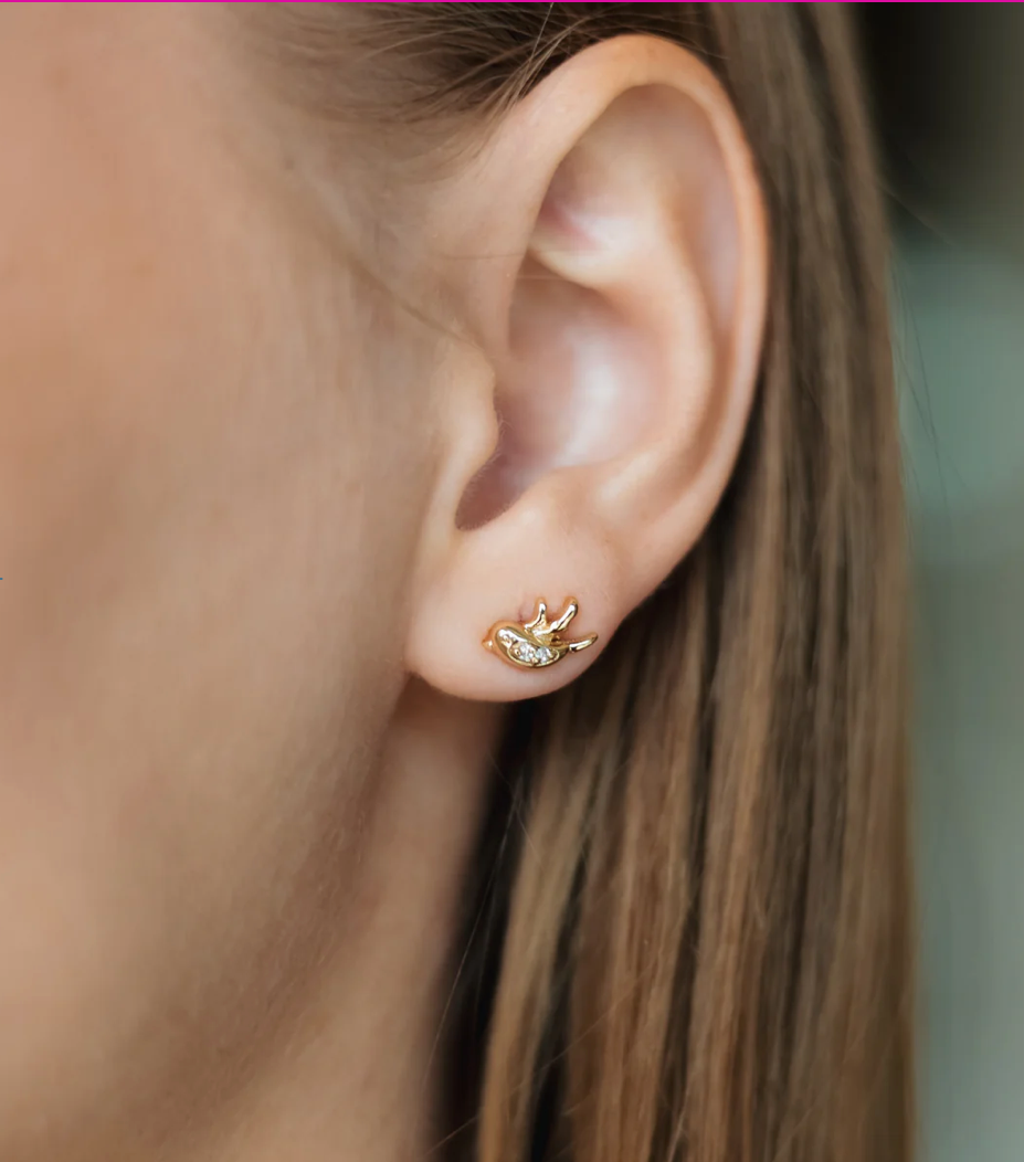 Bird Stud Earrings with Cubic Zirconia – Gold Plated Copper