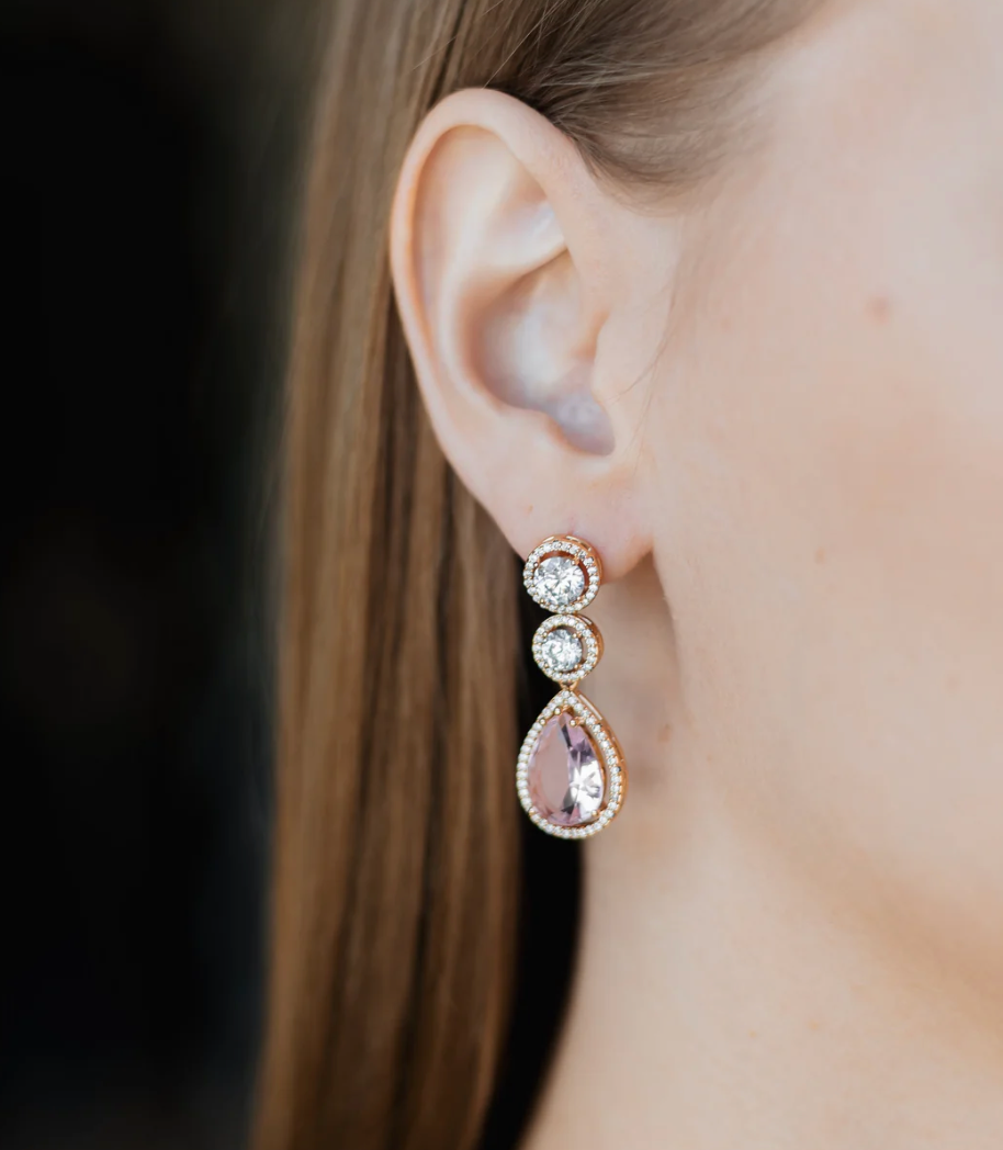 Gold Plated Drop Earrings with Pink Crystal & CZ – Dangle Design