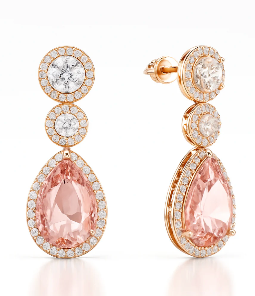 Gold Plated Drop Earrings with Pink Crystal & CZ – Dangle Design
