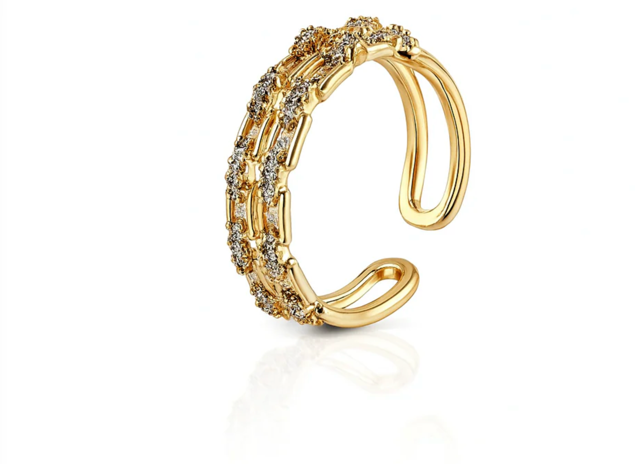 Gold Plated Double Row Ring with Cubic Zirconia – Adjustable 6-7