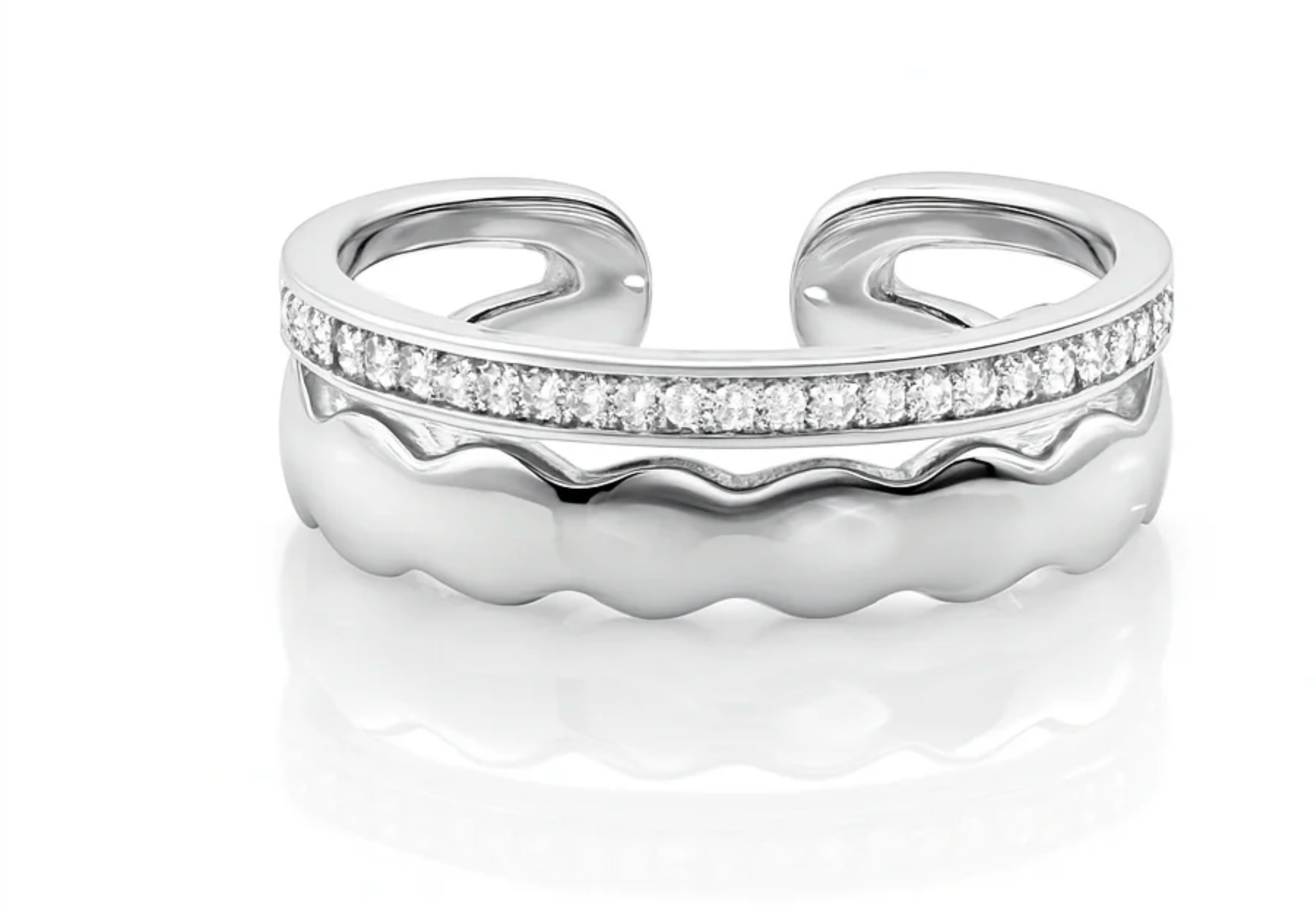 Adjustable Rhodium Plated Wave Ring with Cubic Zirconia, 6mm