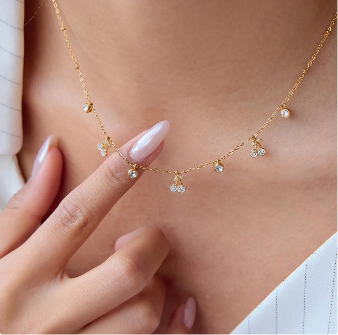 Cherry PVD Stainless Steel Rhinestone Necklace – Real Gold Plated Classic Thin Chain