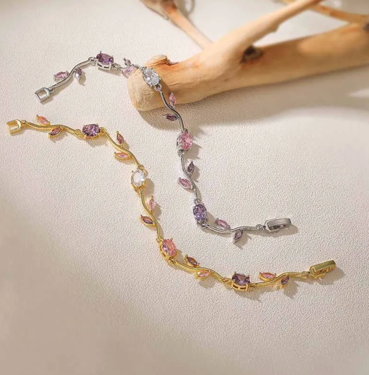 Elegant 18K Gold Plated Zircon Bracelet – Romantic Branch & Leaf Floral Design